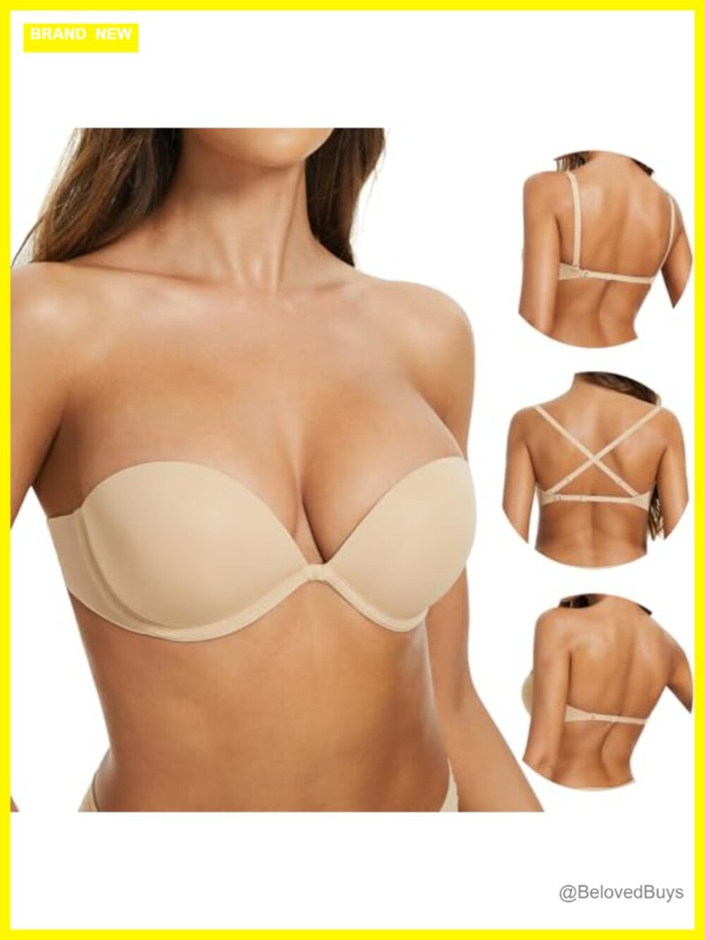 Strapless Push Up Bra Low Back Padded Plunge Convertible